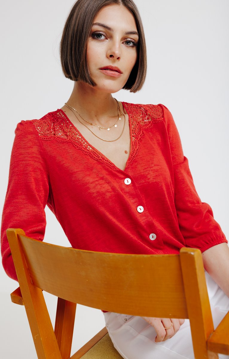  CARDIGAN COL V CROCHET PLACÉ