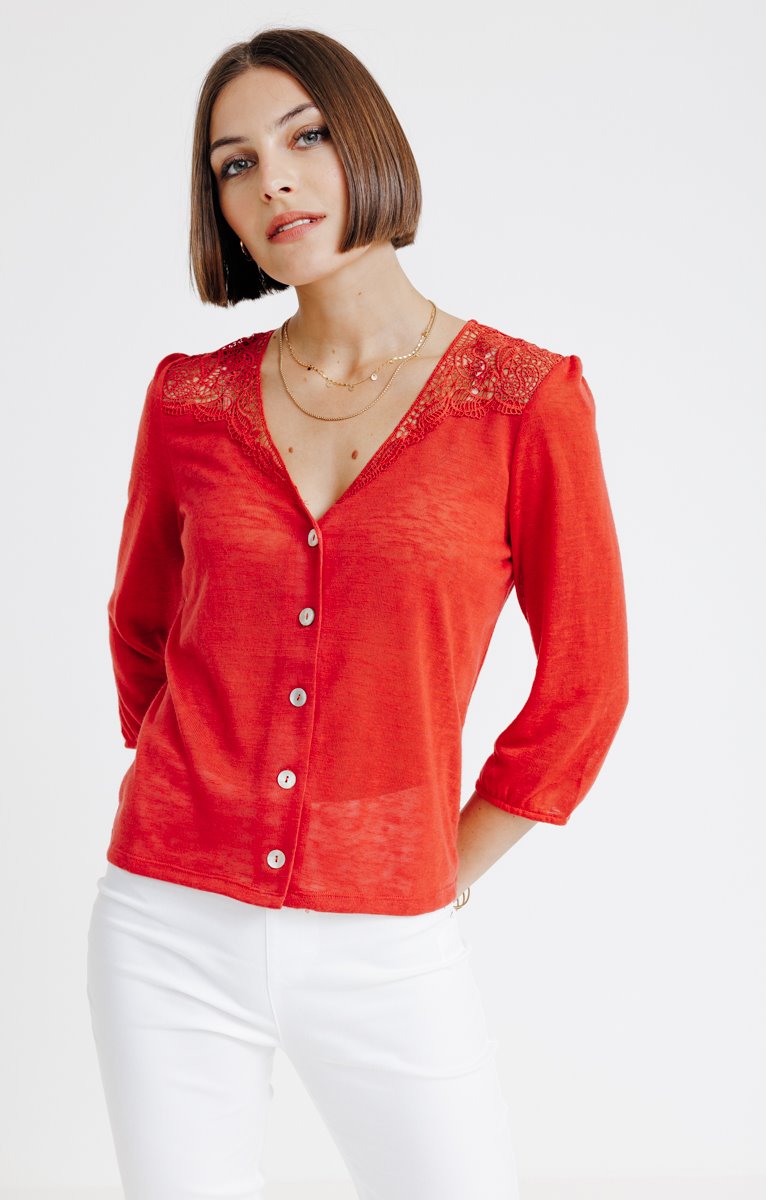  CARDIGAN COL V CROCHET PLACÉ