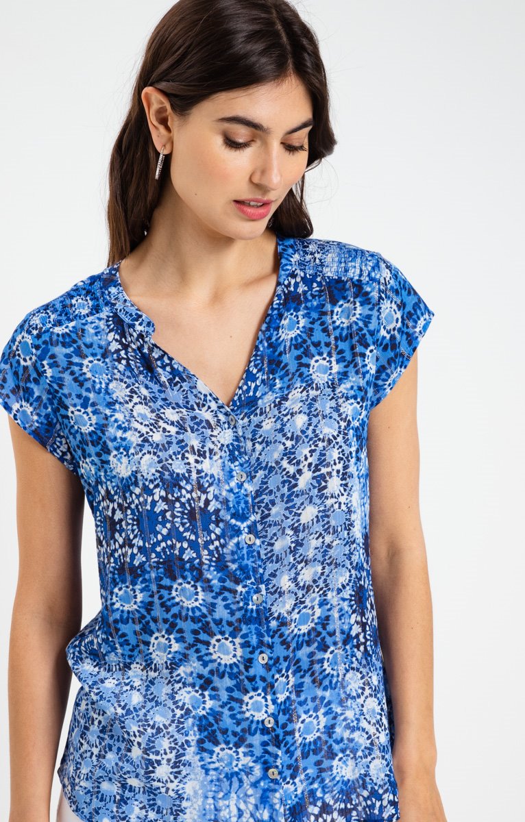  Chemise Col Mao Smockée Imprimée