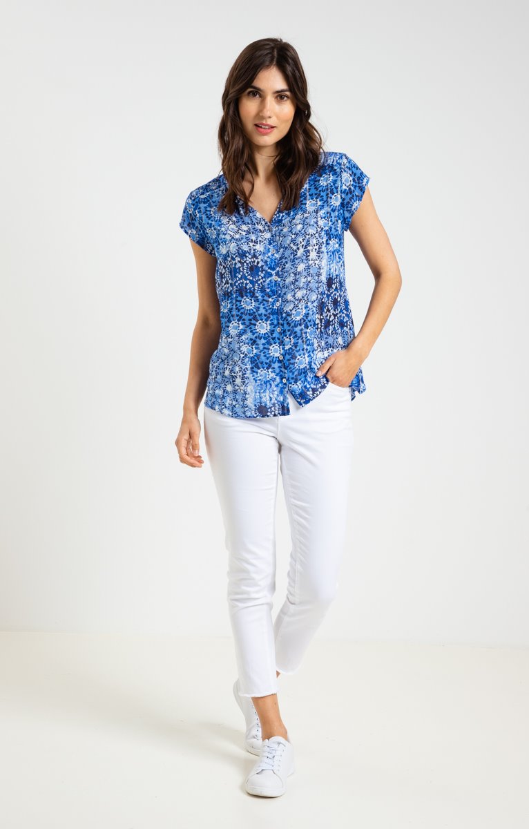  Chemise Col Mao Smockée Imprimée