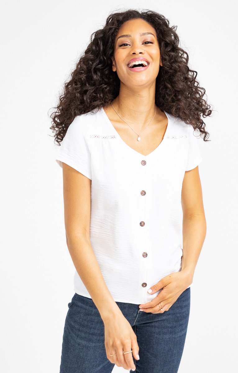  Tee-shirt Boutonné Uni Manches Courtes