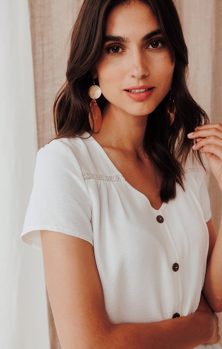  Tee-shirt Boutonné Uni Manches Courtes