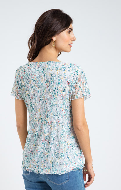  Tee-shirt Plissé Col V Manches Courtes