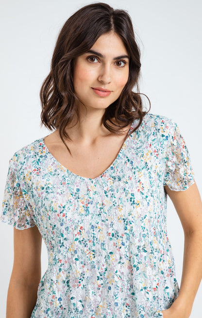  Tee-shirt Plissé Col V Manches Courtes