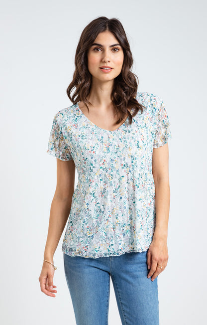 Tee-shirt Plissé Col V Manches Courtes