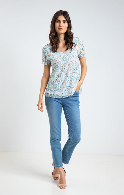  Tee-shirt Plissé Col V Manches Courtes